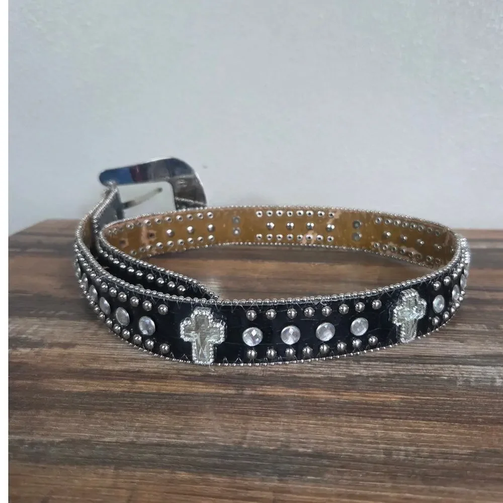 Rhinestone Woman's Bling Cross Black Western Belt Silver Buckle